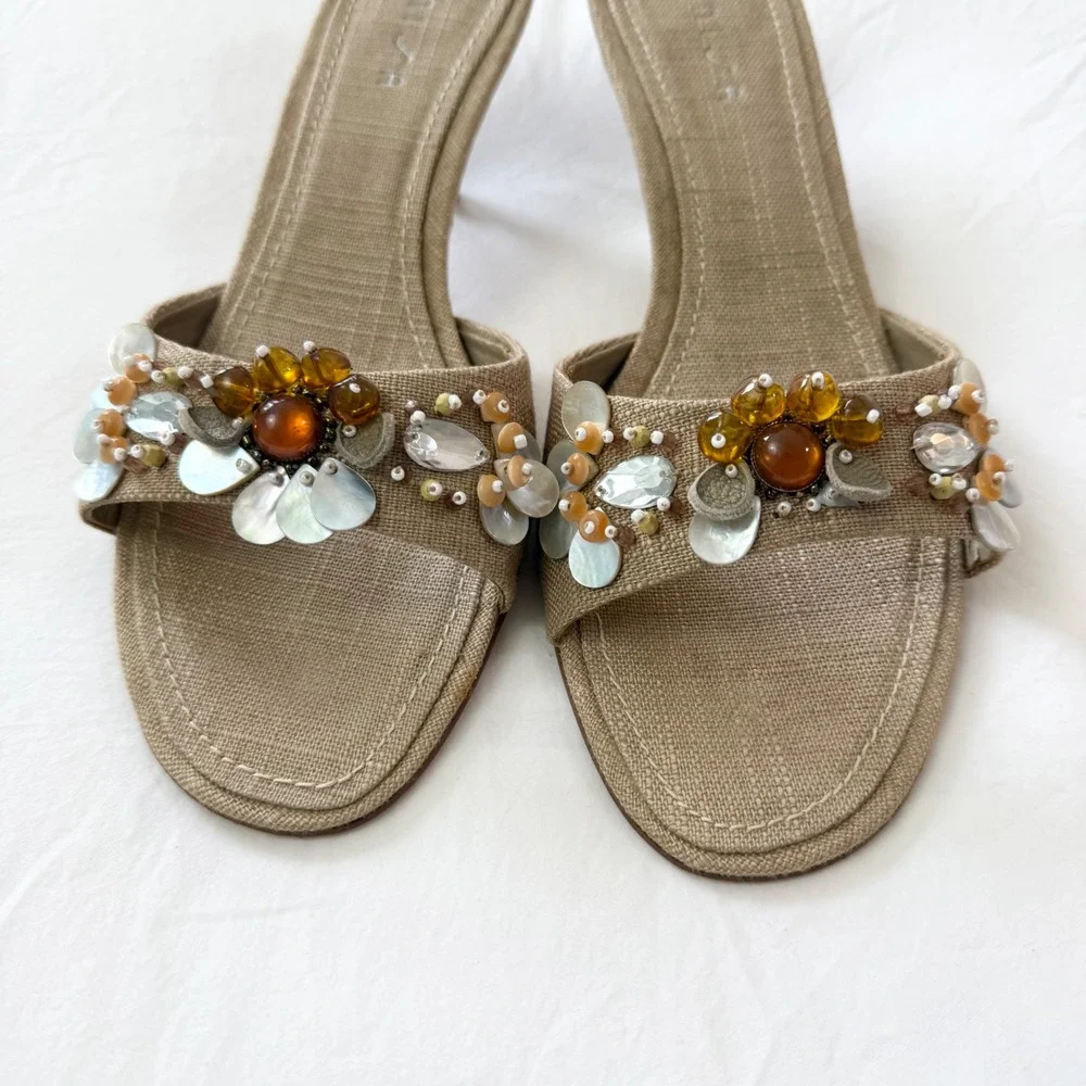 Vintage Y2K Unisa Ceecee Beaded Linen Kitten Heel Slide Sandals Size 8B
